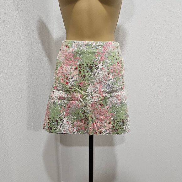 J Crew Green Pink Impressionism Floral Stretch Mini Skirt 10 - Picture 2 of 7